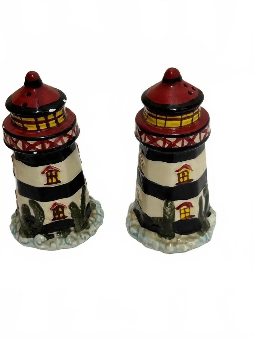 Vintage Nautical Striped Ceramic Lighthouse Salt and Pepper Shakers Set